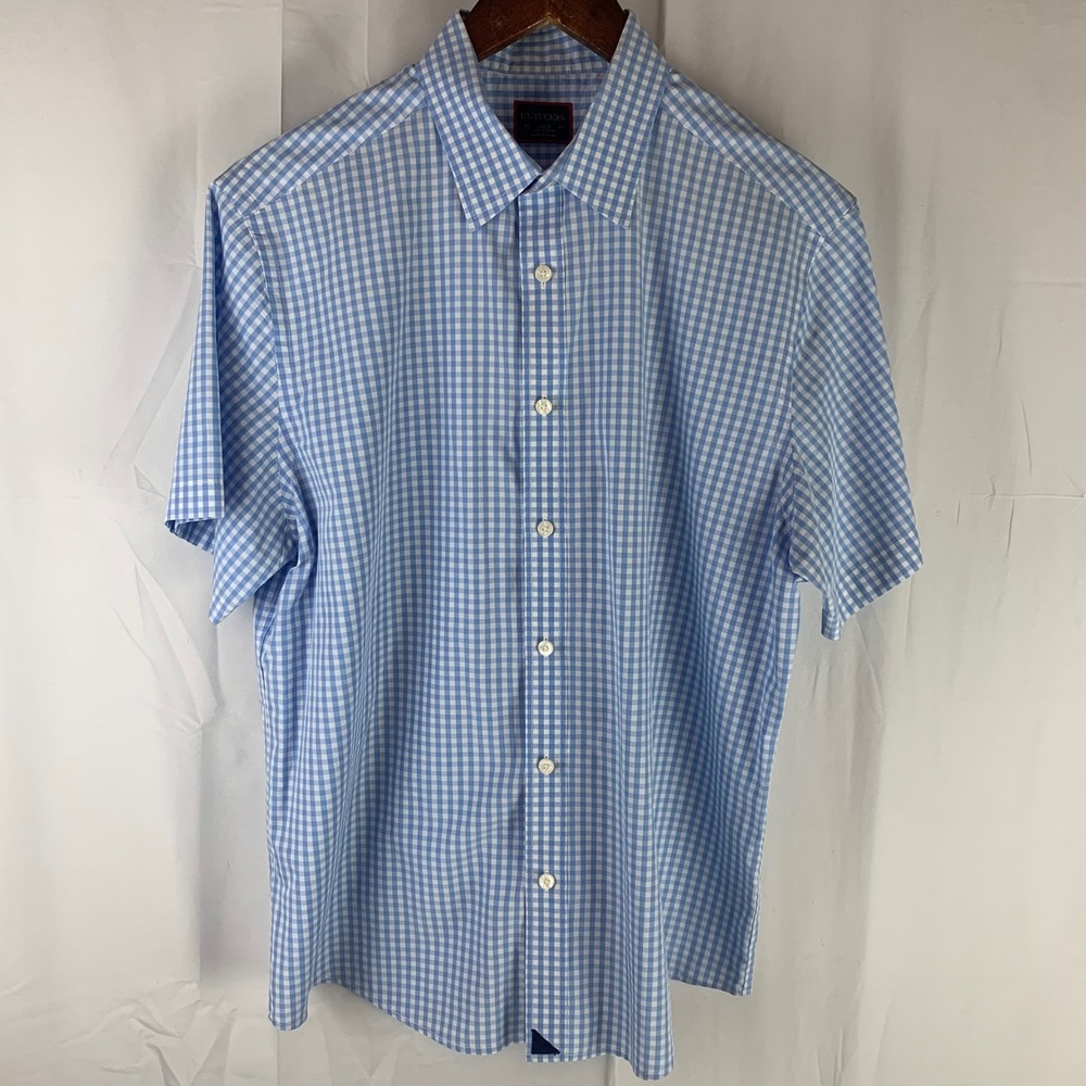 UNTUCKit Button Up Shirt Mens Large Blue Gingham Short Sleeve Cotton